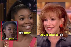 Split image: Left shows Gabrielle Union beside her younger self with age numbers, right shows Joy Behar smiling
