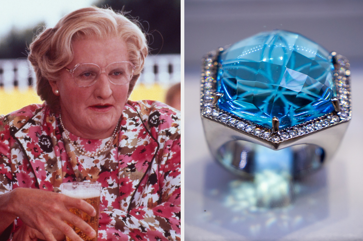 Person in floral outfit and glasses holding a drink; large blue gemstone ring on display