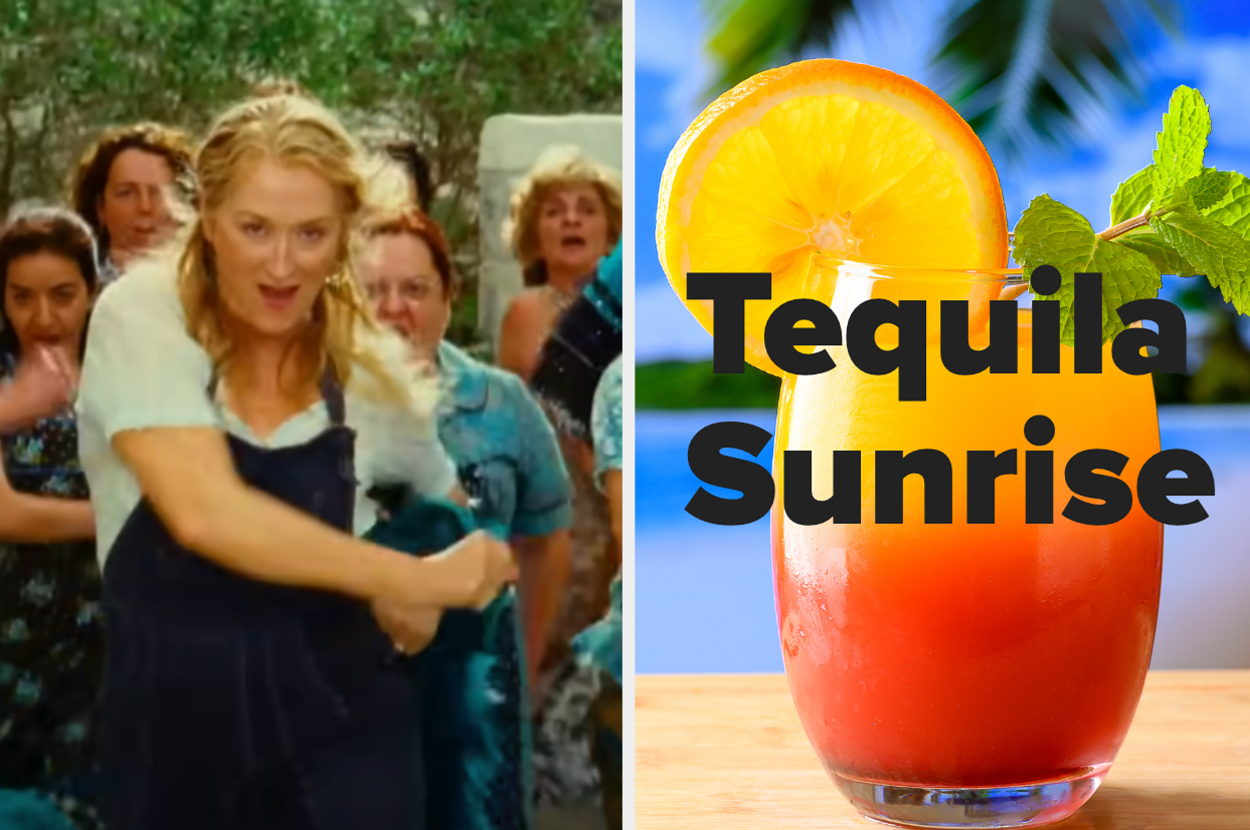 Left: A scene with Meryl Streep from Mamma Mia, dancing. Right: A glass of Tequila Sunrise cocktail with garnish