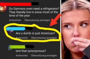A woman looks incredulously at text bubbles containing a humorous exchange about Germans, snow, and Americans