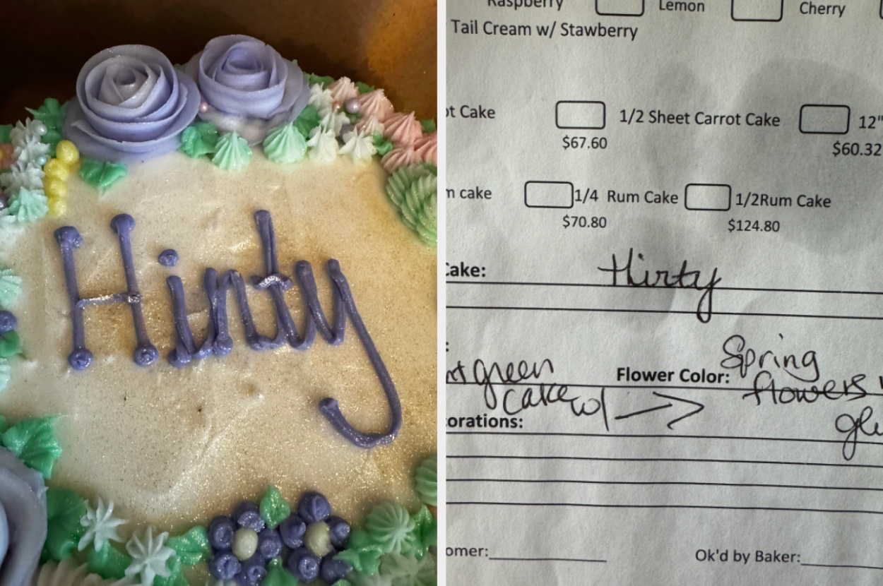 Cake with misspelled &quot;Happy Birthday&quot; as &quot;Hirdy Bithdy&quot; next to order form showing correct spelling