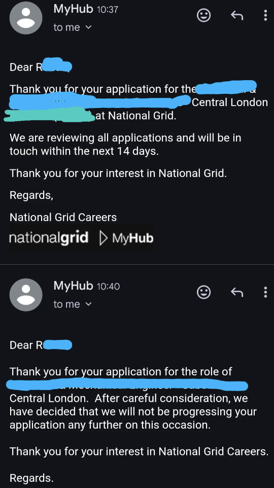 Two separate smartphone screenshots showing emails of job application rejections from National Grid