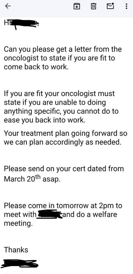 Image of a redacted letter discussing a medical clearance for returning to work post-treatment, with specific instructions and a follow-up meeting arranged