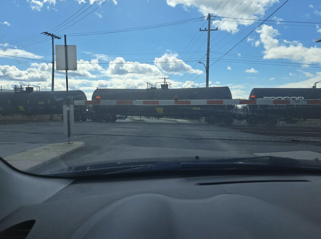 View from a car showing a train passing at a railroad crossing on a sunny day