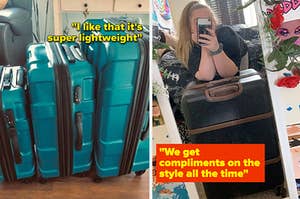 left: set of three turquoise hard-shell luggage set. right: reviewer mirror selfie, posing with black/brown striped suitcase.