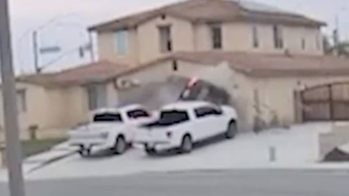 A doorbell camera in Jurupa Valley, California caught the heart-stopping moment when a speeding car crashed into a house.
