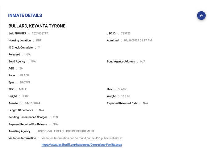 The image shows a screenshot of an inmate information detail page for Keyanta Tyrone Bullard