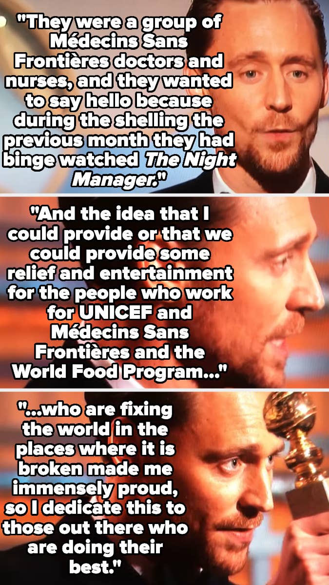 Screenshots of Tom Hiddleston&#x27;s acceptance speech