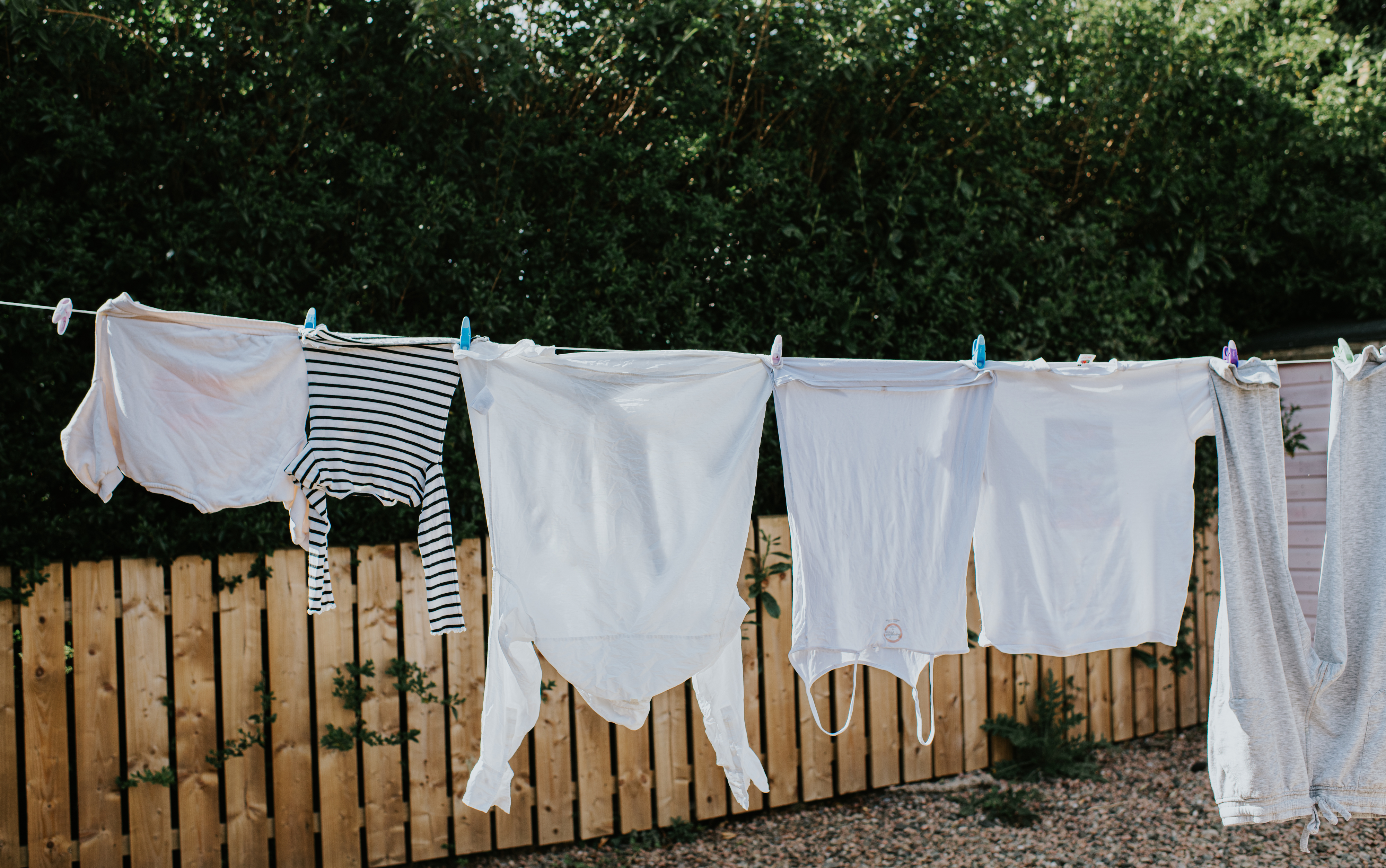 Laundry including shirts and pants hung on a line to dry in a backyard setting