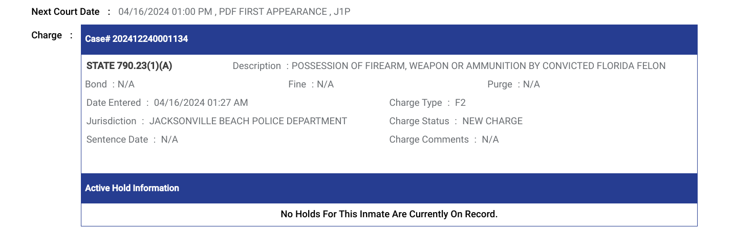 Image contains a screenshot of an inmate&#x27;s booking information including charge details and next court date. No individuals visible