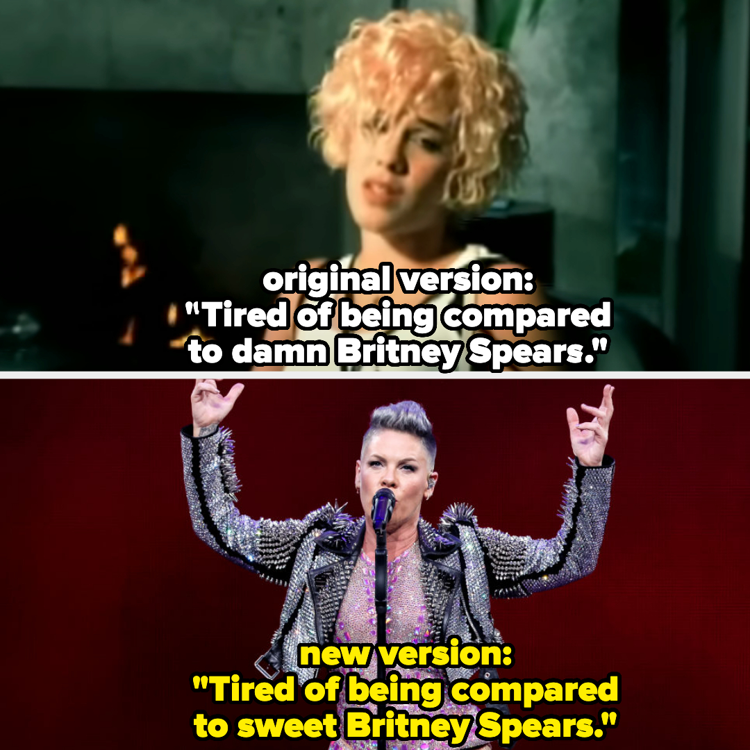 Two images of Pink, top photo from past, bottom from a recent performance, with altered lyrics about Britney Spears