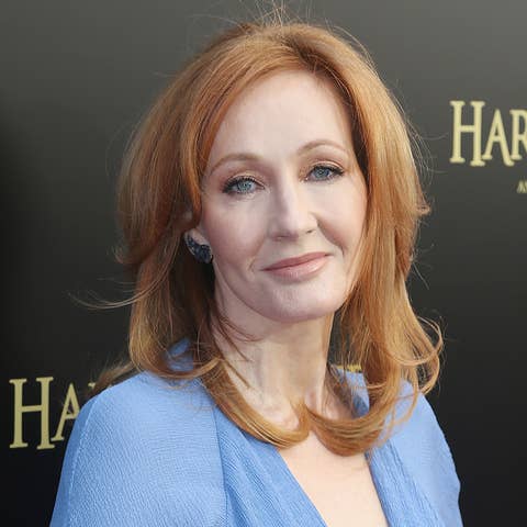 J.K. Rowling in a light blue outfit at the Harry Potter event