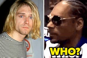Split image with Kurt Cobain on left and a video still of Stevie Wonder with "WHO?" text overlay on right