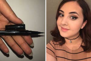 Hand holding eyeliner pen with a result on a woman's face, demonstrating application for shopping guide