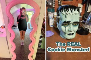 Person in black dress posing in front of a wavy mirror; Frankenstein-themed cookie jar on a counter