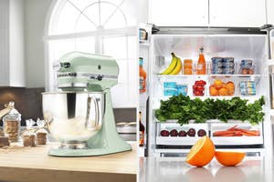 KitchenAid mixer on counter; open fridge with stocked produce in clear fridge bins