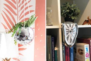 a hanging plant pot designed as a disco ball; a "melting" clock on a bookshelf