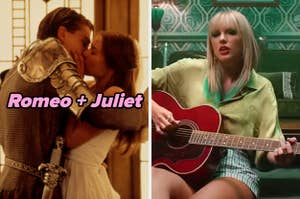 On the left, Leonardo DiCaprio and Claire Danes kissing as Romeo and Juliet, and on the right, Taylor Swift playing a guitar in the Lover music video