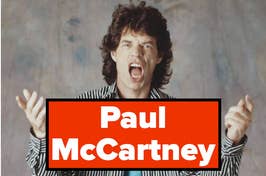 Paul McCartney shouting with a graphic overlay of his name in front of him