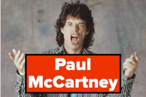 Paul McCartney shouting with a graphic overlay of his name in front of him