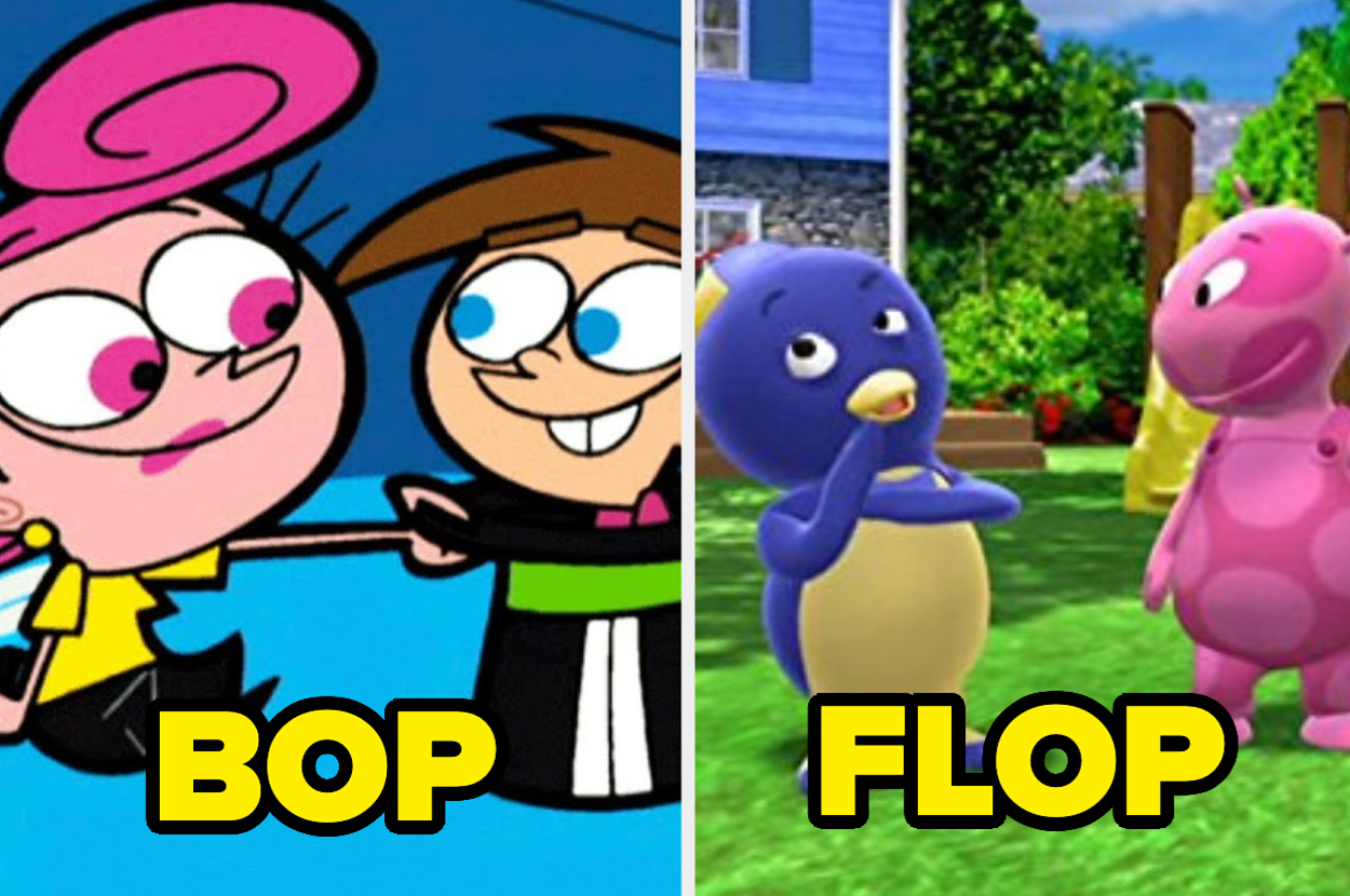 Animated characters Timmy Turner, Wanda, and Cosmo from "The Fairly OddParents" on the left, labeled "BOP," and CGI characters Tinky Winky and Dipsy from "Teletubbies" on the right, labeled "FLOP."