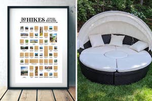 A poster of '50 Best Hikes' next to an outdoor daybed with a retractable canopy