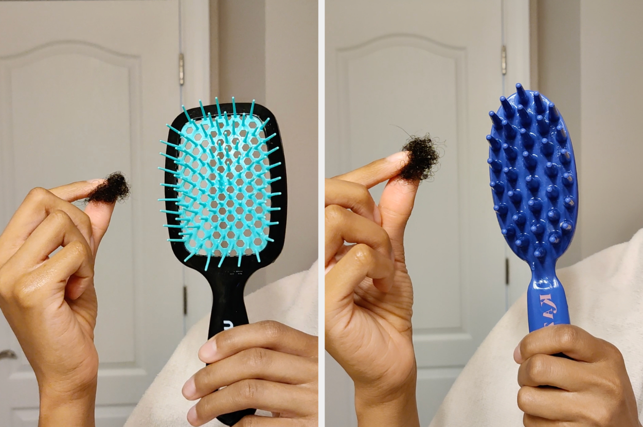 A side-by-side comparison of me holding a clump of hair with each brush I used; it shows how much shed hair I had after detangling with each brush, and they&#x27;re both relatively the same size