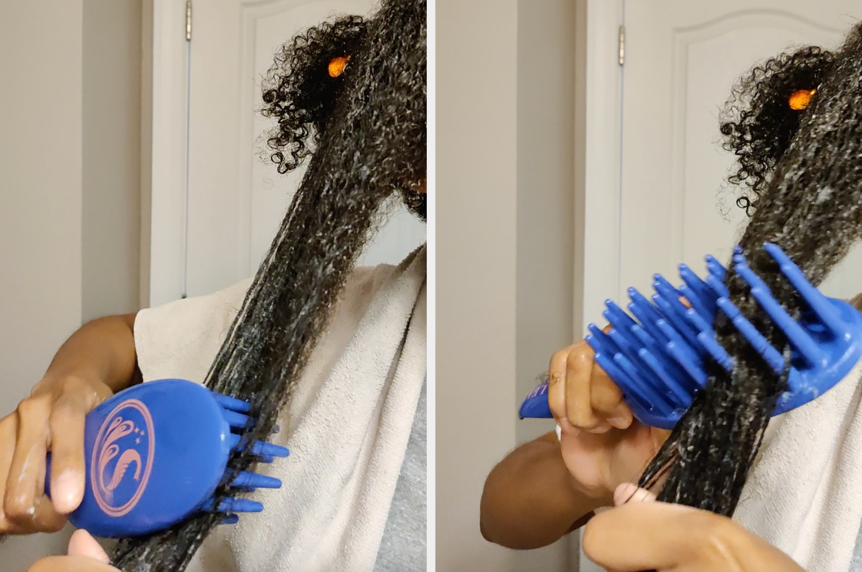 A side-by-side of me using the paddle comb to detangle a section of hair