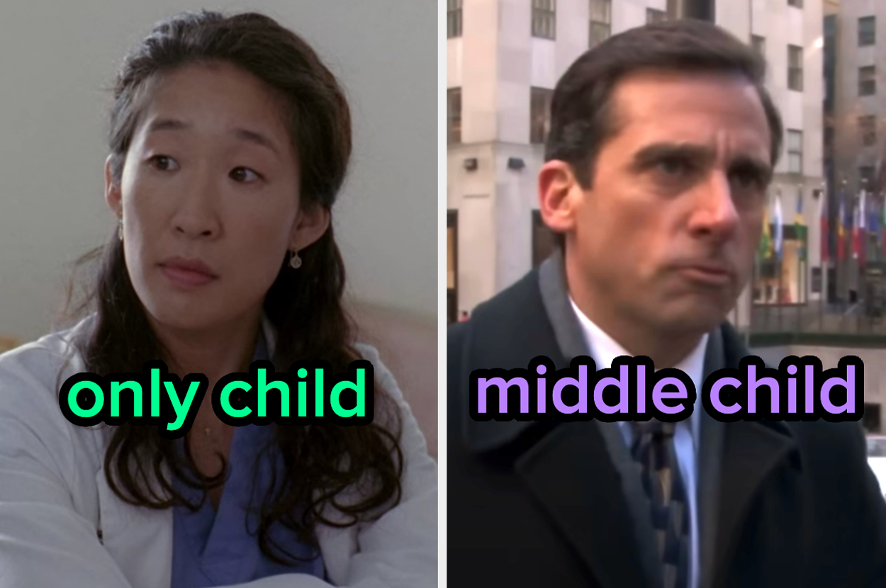 On the left, Cristina from Grey's Anatomy labeled only child, and on the right, Michael from The Office labeled middle child