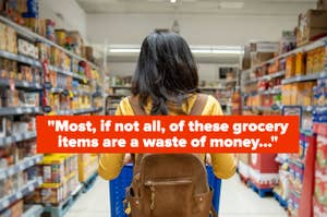 Woman with backpack shopping in grocery aisle, text overlay about saving money on groceries