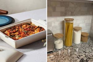 on left: lasagna in a white Le Creuset four-quart stoneware dish; on right: canister storage set
