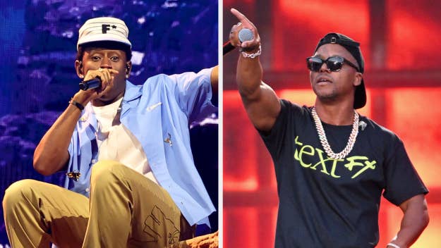 Left: Tyler The Creator wearing a cap, T-shirt, and necklace. Right: Lupe Fiasco in a sports cap and chain