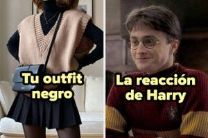 Imagen dividida: a la izquierda, persona anónima con chaleco y falda; derecha, Harry Potter sonriendo. Texto en ambas partes