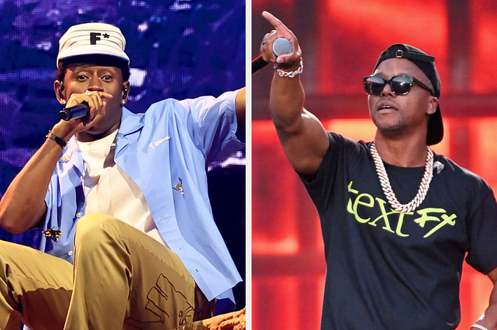 Left: Tyler The Creator wearing a cap, T-shirt, and necklace. Right: Lupe Fiasco in a sports cap and chain