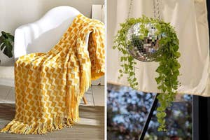 Two home decor items: a zigzag-patterned throw blanket and a disco ball planter with hanging greenery