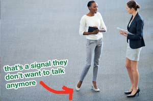 Two people conversing, one appears disinterested with foot pointing away; text overlay explains body language signal