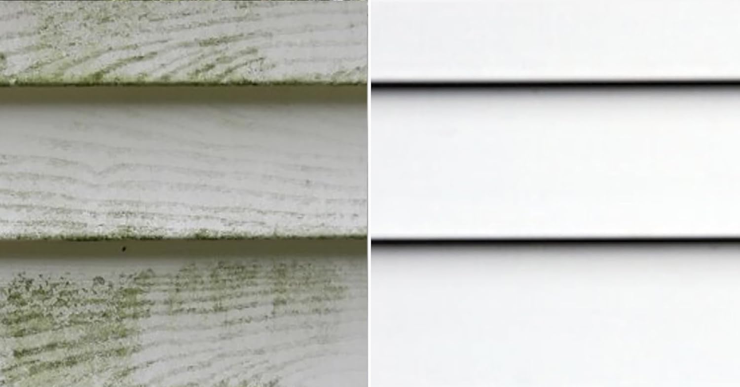 Before and after comparison of mold stain removal on siding, featuring RMR-86 cleaner bottle