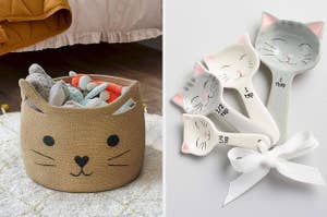 a woven cat basket full of toys / cat shaped measuring spoons
