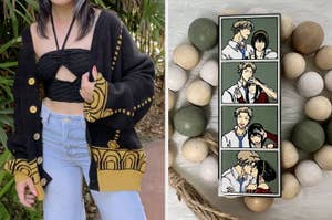 Person in a cropped cardigan with gold button details paired with high-waisted jeans, and a photobooth-inspired enamel pin