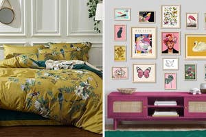 Bed with floral bedding set; wall decorated with various framed artwork above a pink console table