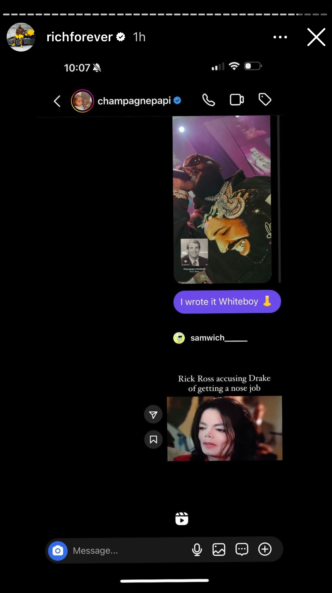 Screenshot of a social media interaction between richforever and champagnepapi with emojis, a text message, and photos