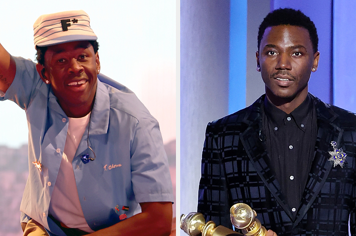 Tyler, the Creator in a pastel outfit with hat and Golf le Fleur branding; Jerrod Carmichael in a black patterned jacket holding awards