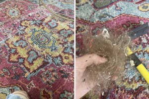 Pet hair being cleaned off a patterned rug with a tool, showing before and after