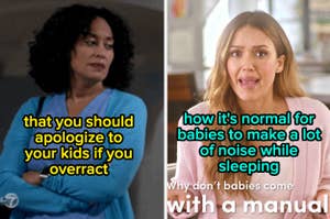Split image: Left shows a TV show scene with a woman, right has text about normal baby noise and sleeping