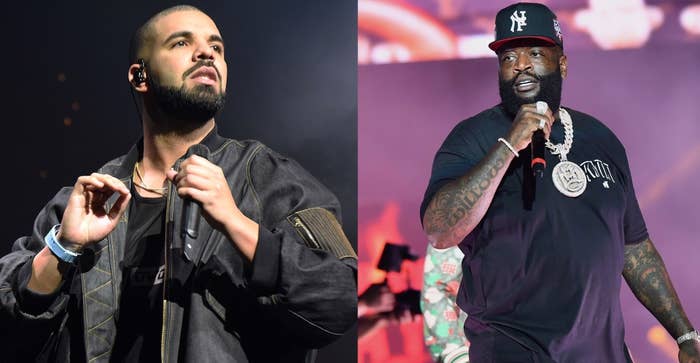 Drake on stage with a microphone, and Rick Ross performing, both in casual attire