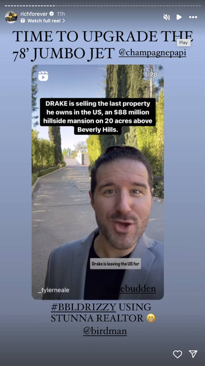 The image shows a man speaking in a video with text overlay about Drake selling his mansion, including tags and emojis