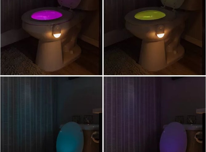 Two images of a toilet with an LED light device in various colors under the seat