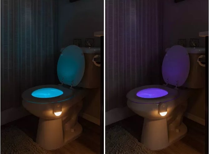 Two images of a toilet with an LED light device in various colors under the seat