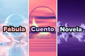 Tres segmentos con palabras "Fábula", "Cuento", "Novela" superpuestas en paisajes estilizados