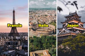 Collage de fotos con la Torre Eiffel, el Coliseo y un Castillo japonés, con etiquetas de Francia, Italia y Japón